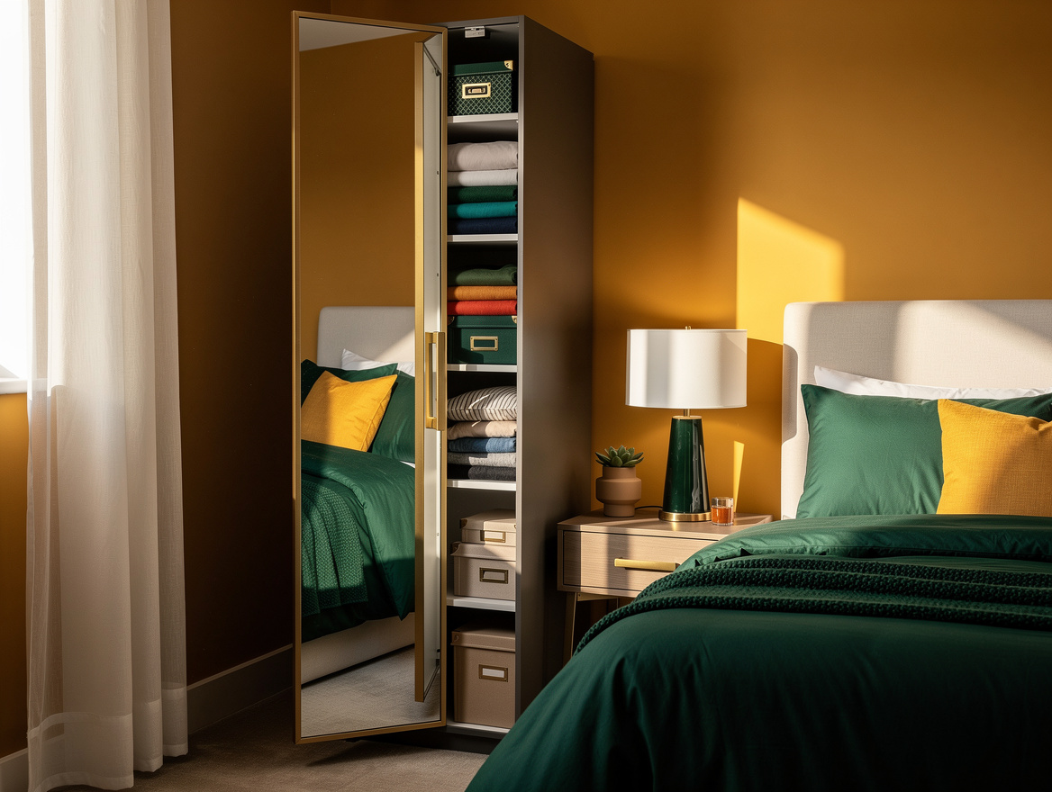 Realistic medium-shot photo of a slim mirrored wardrobe beside a bed in a small