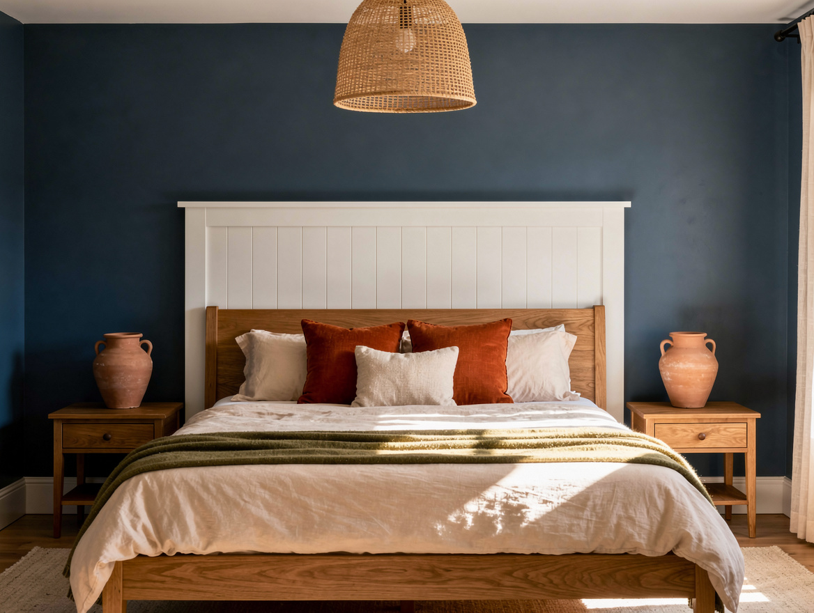 Realistic medium shot of a farmhouse bedroom with a warm-white shiplap headboard