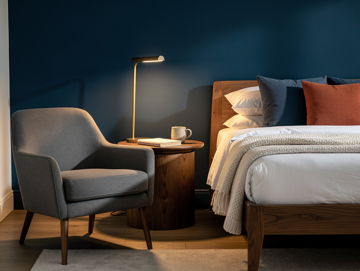 Realistic medium shot of a guest bedroom corner with a shallow gray armchair, co