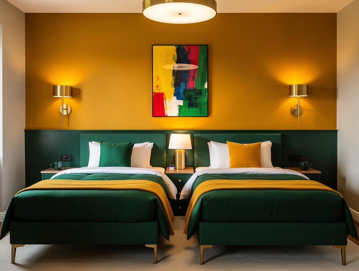 Realistic medium shot of twin guest beds with separate wall sconces, small bedsi