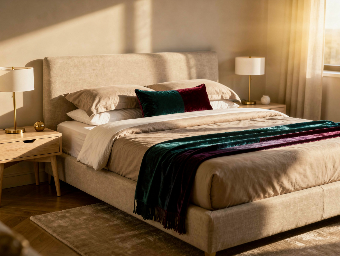 Medium shot of a bedroom showing the full bed silhouette, matching upholstered h