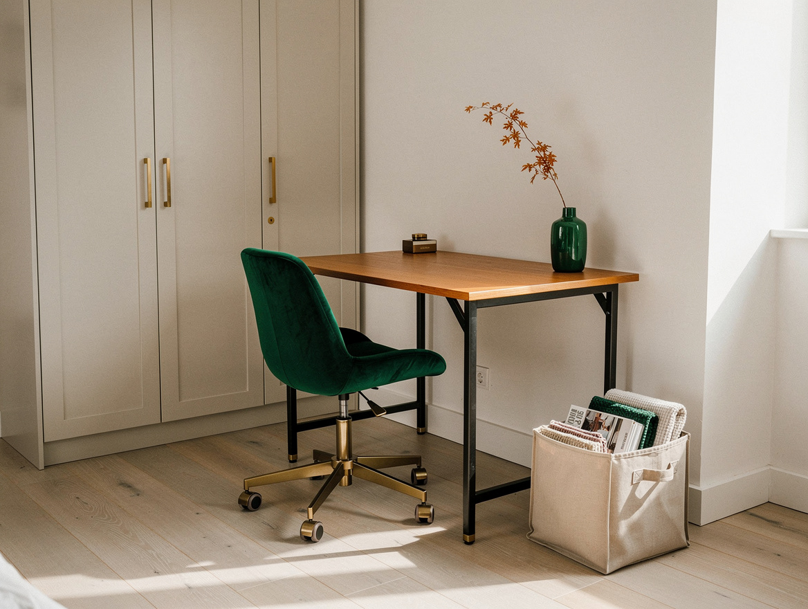Realistic editorial medium-shot photo of a freestanding folding desk in a wide b