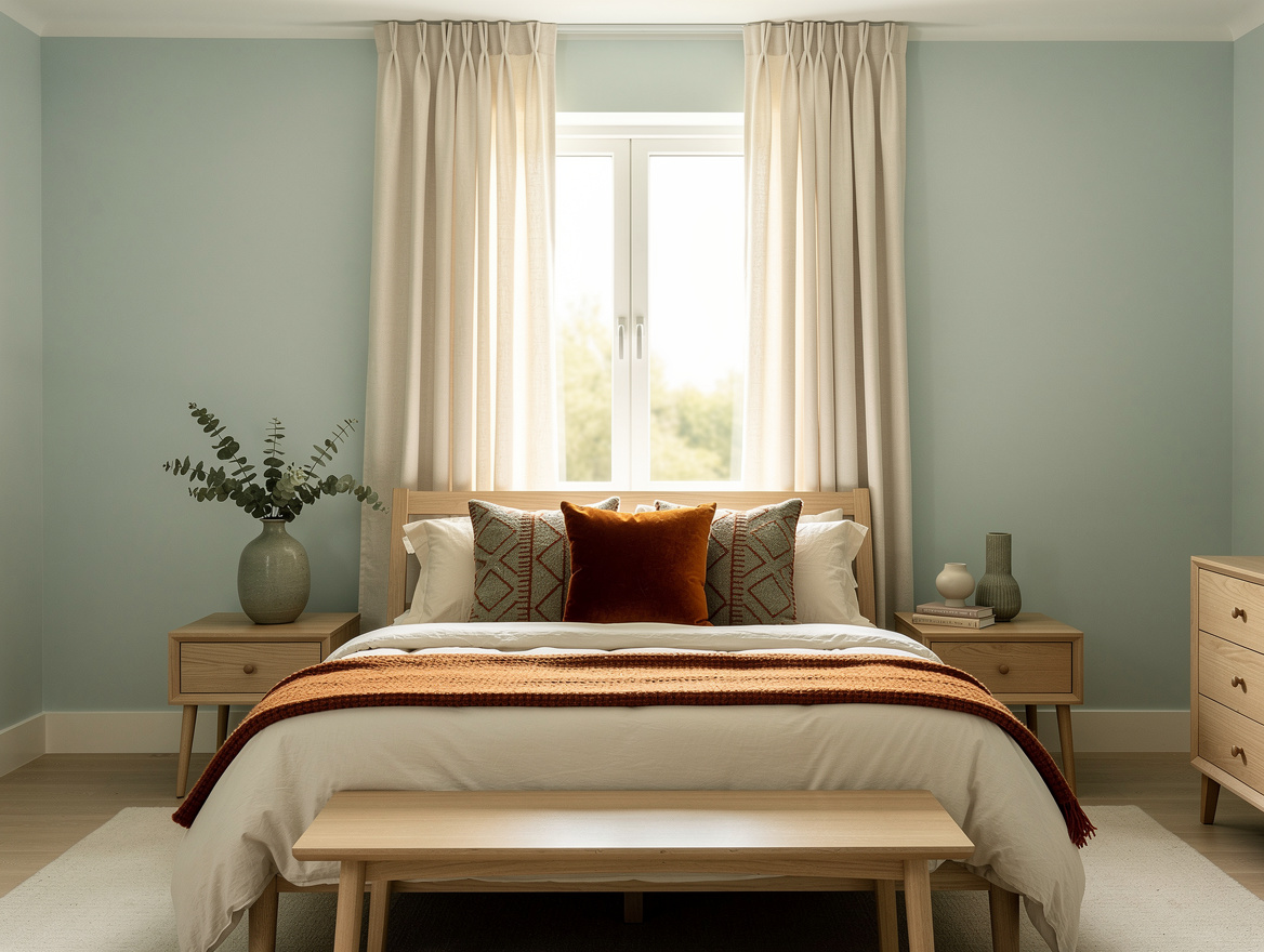 Medium shot of a calm bedroom with pale blue-green walls, a lighter coordinated