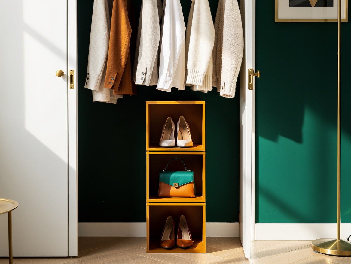 Realistic medium-shot home-decor photo showing a narrow three-cube shoe tower fi