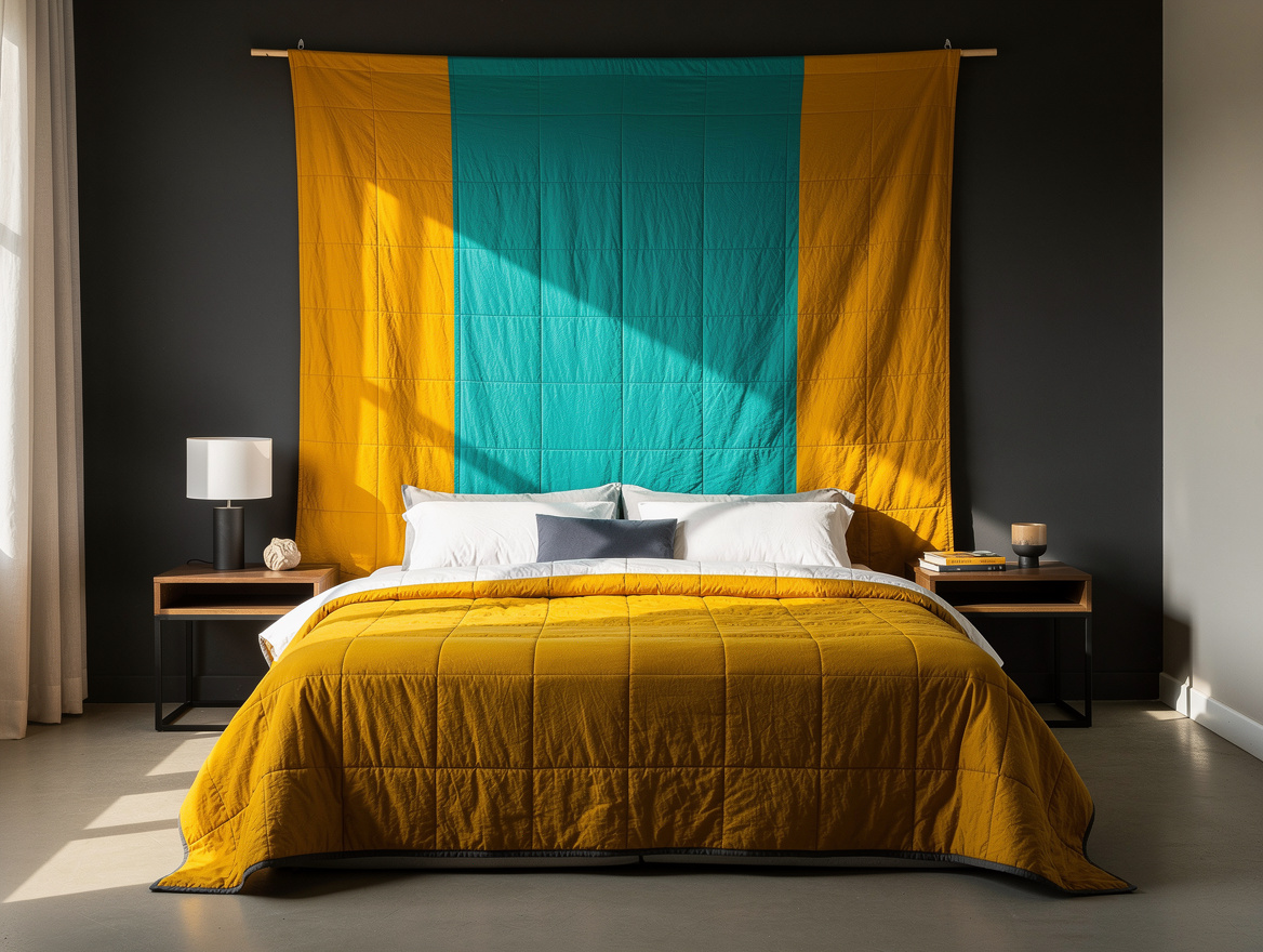Realistic medium shot of a compact bedroom with a lightweight cotton quilt hung