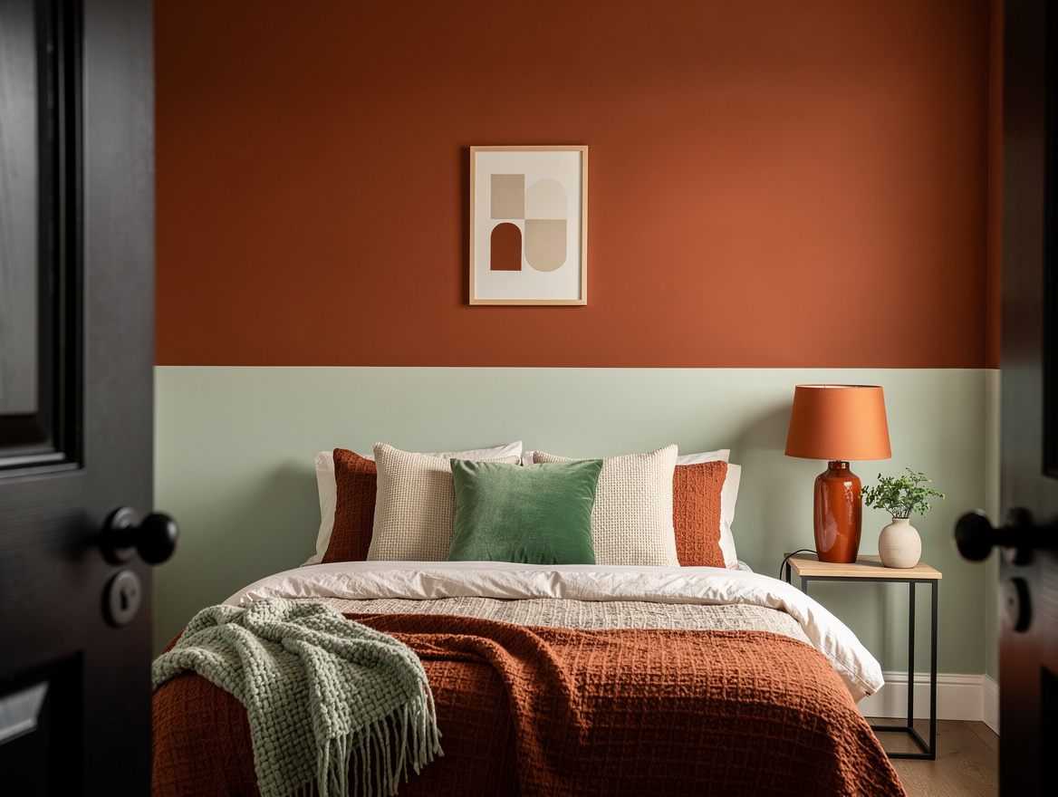 Realistic medium-shot home-decor photo of a small bedroom with a warm upper-wall