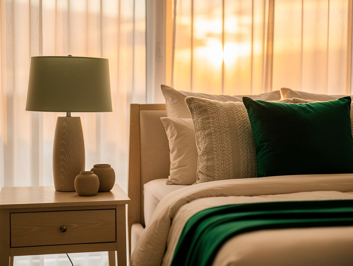 Realistic medium-shot bedroom interior with a muted sage lampshade, cream beddin