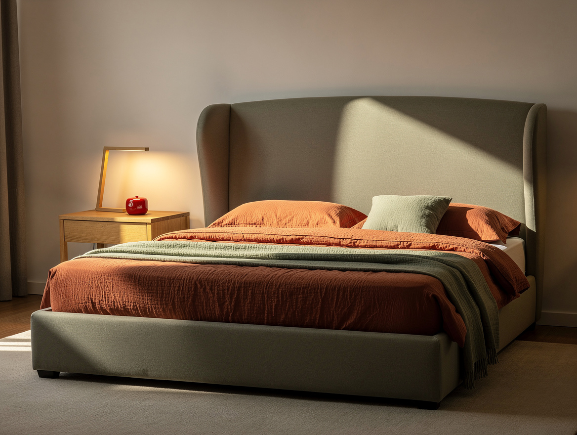 Medium-wide realistic bedroom photo showing a curved wingback storage bed, quiet
