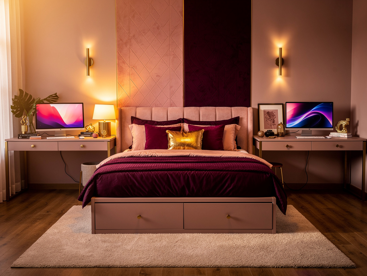 Realistic medium shot of a couple's bedroom showing two visually separate desk z