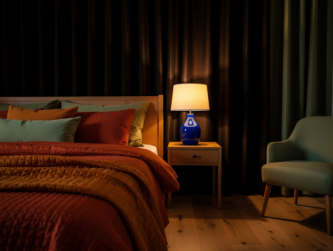 Realistic editorial bedroom scene at evening with blackout curtains closed, a lo