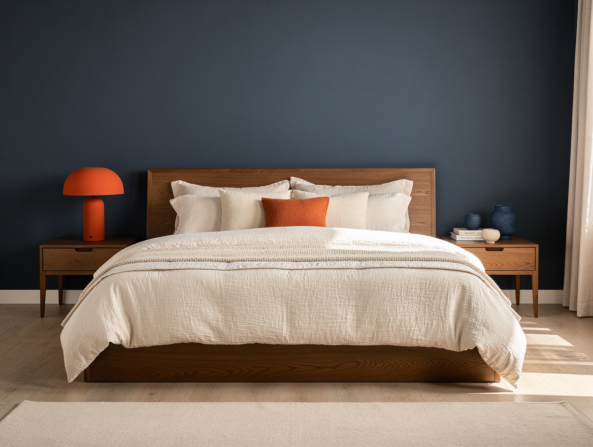 Realistic wide editorial bedroom scene showing restrained complementary colors,