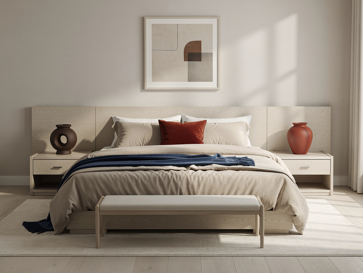 Realistic wide editorial bedroom photo with pale wood, oatmeal bedding, spacious