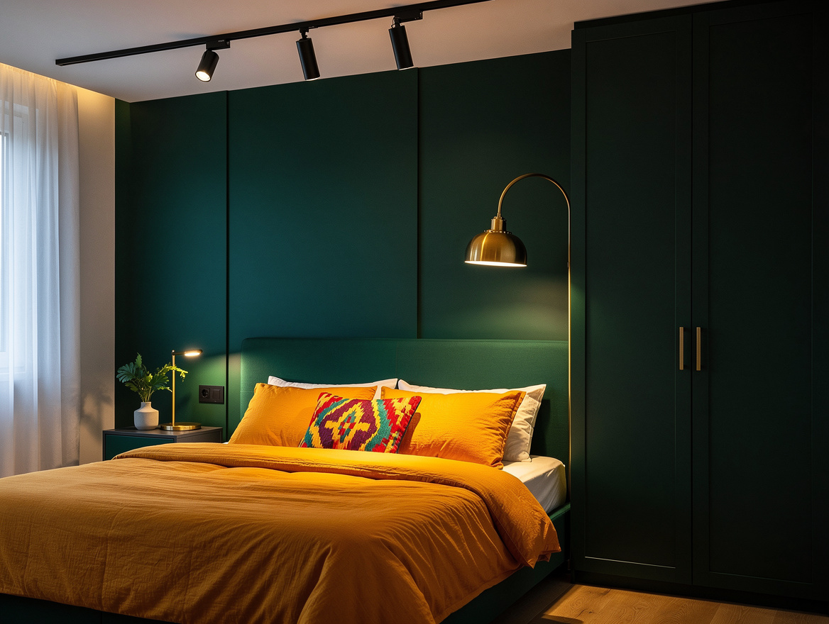 Realistic wide editorial bedroom photo showing a renter-friendly lighting layout