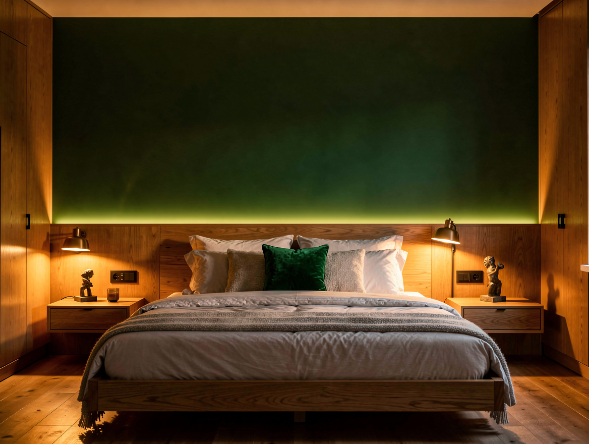 Realistic wide editorial bedroom scene at late evening, soft 2200K-style amber a