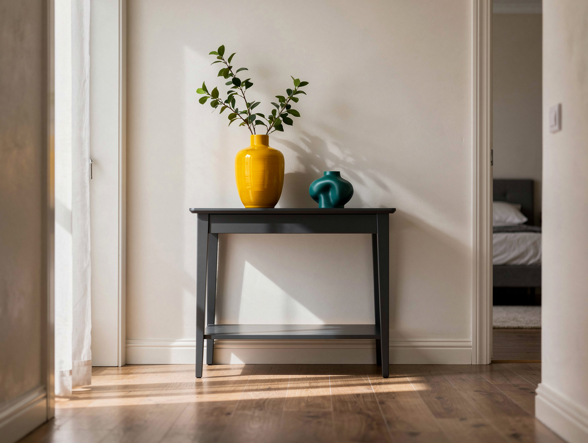 Realistic wide editorial interior photo of a calm bedroom-adjacent foyer with a
