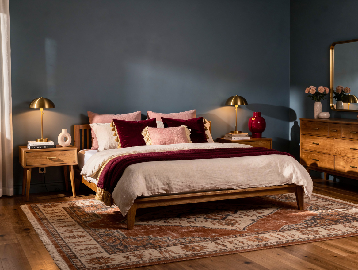 Realistic wide editorial bedroom scene with dusty blue walls, a rust-and-cream v