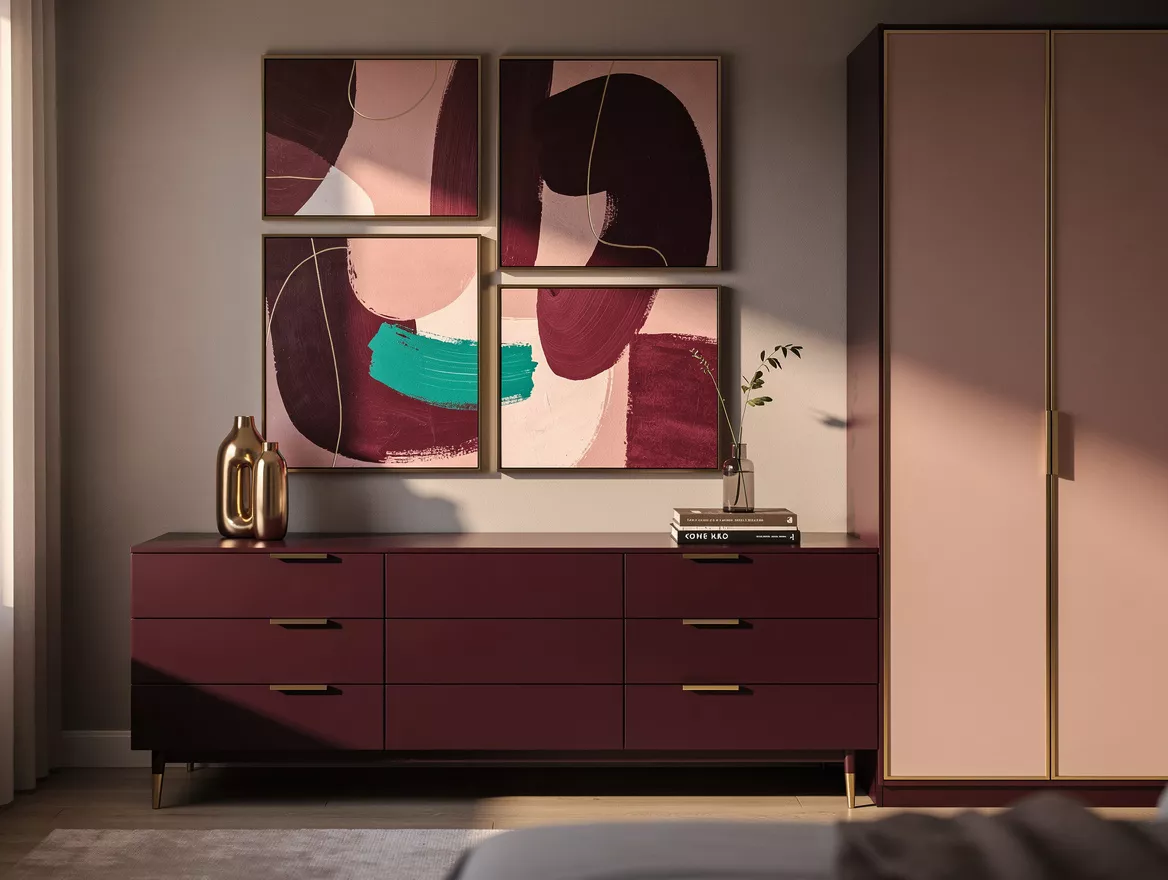 Realistic atmospheric bedroom photo of a long low dresser wall beneath artwork a