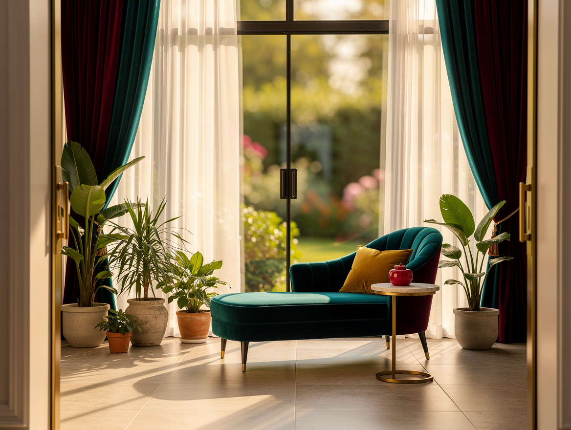 Realistic wide editorial photo of a calm glass sunroom connected to a bedroom, o