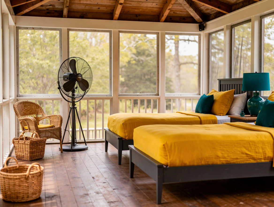 Realistic editorial wide photo of a breezy sleeping porch bedroom with twin beds