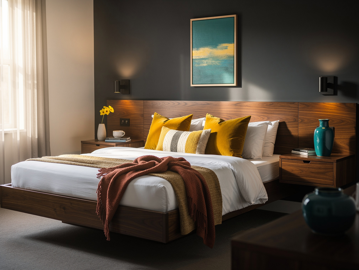Realistic editorial wide ambiance photo of a welcoming compact guest bedroom wit