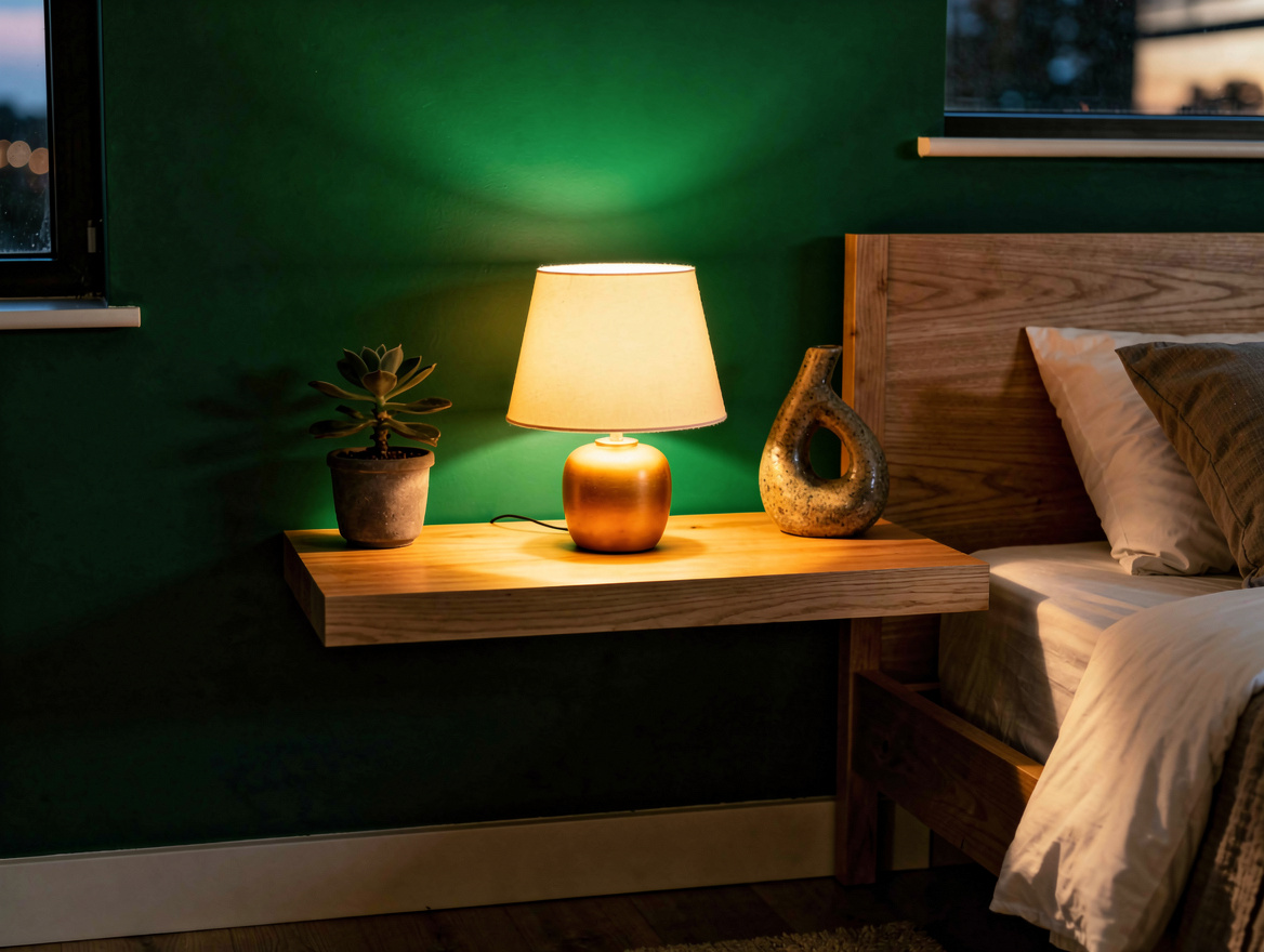 Realistic atmospheric bedroom scene with a cordless lamp glowing on a floating b