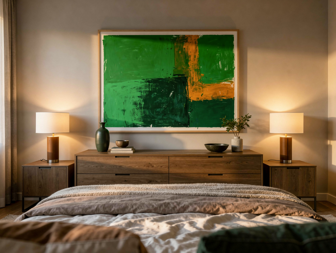 Realistic wide editorial bedroom scene viewed from the pillows, artwork glowing