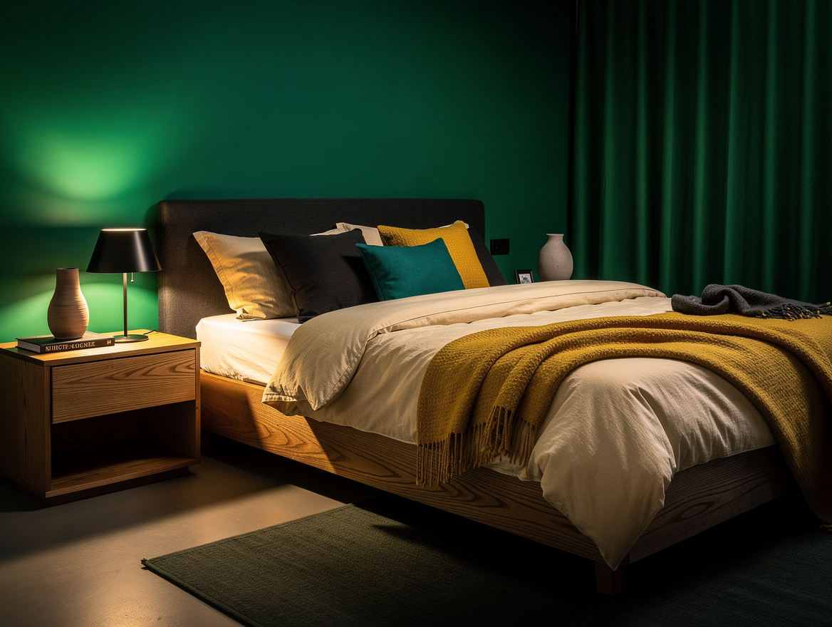 Realistic atmospheric editorial bedroom photo at dusk with full matte green colo