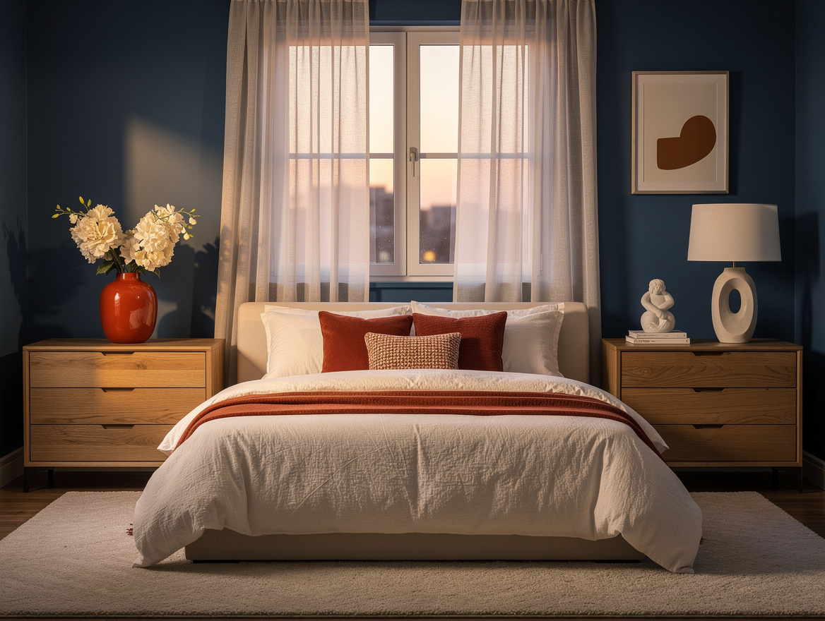 Realistic wide bedroom interior photo with a balanced window wall, matching low