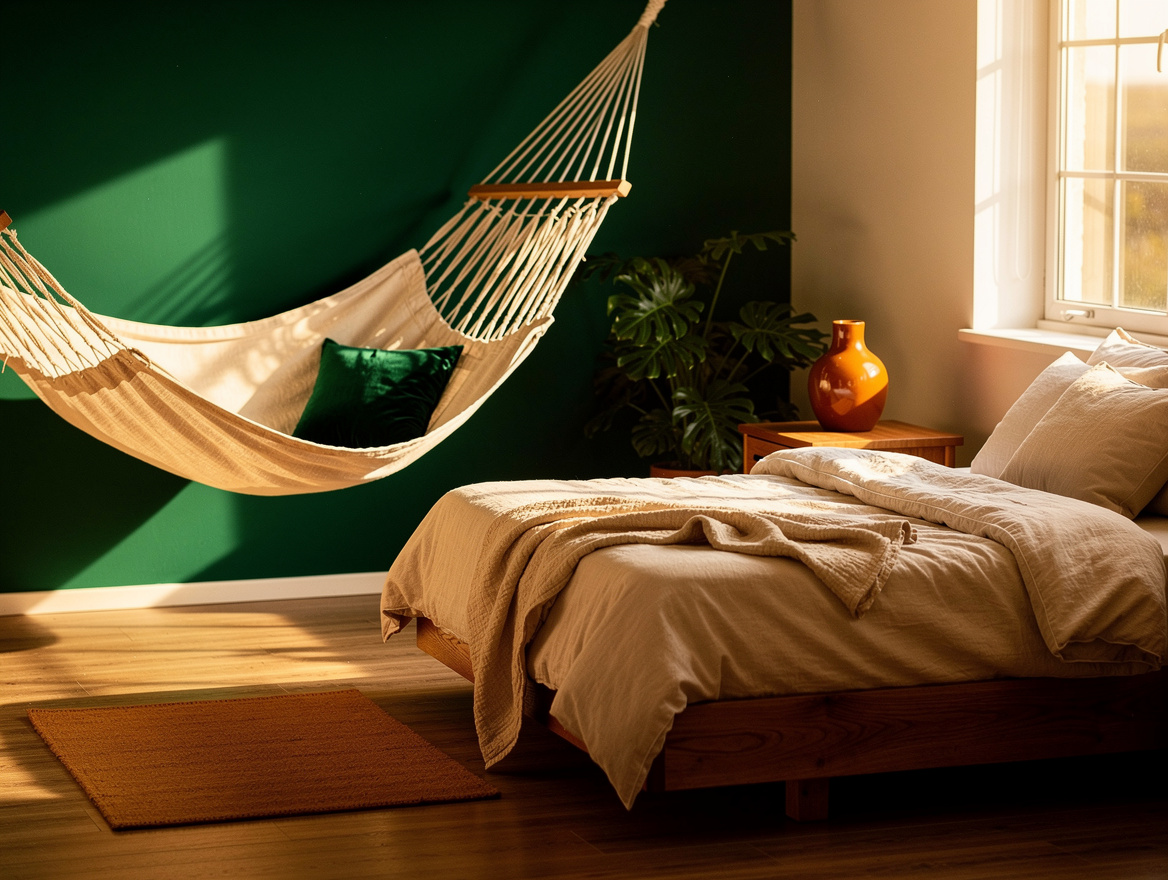 Realistic editorial wide photo of a small calm bedroom with a light ceiling hamm