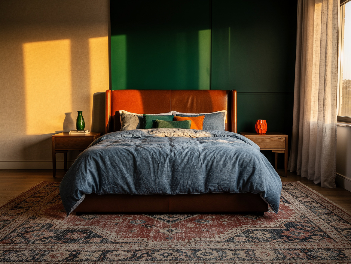 Realistic wide editorial interior photo of a calm western bedroom with a leather