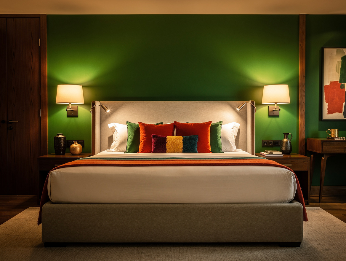 Realistic wide bedroom interior with matching bedside lamps or slim swing-arm sc