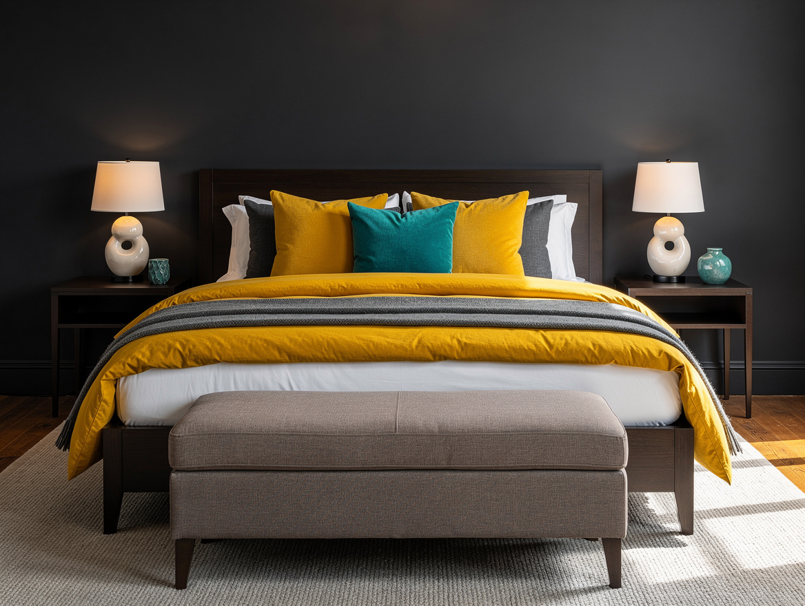 Realistic wide bedroom scene with a dark timber bed, taupe upholstered ottoman,