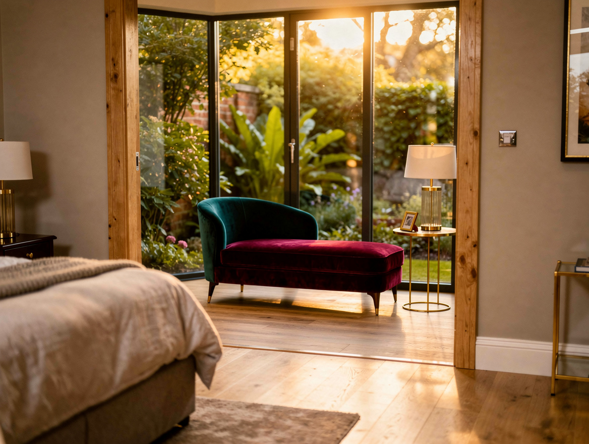Realistic atmospheric editorial photo looking from a quiet bedroom into a leafy
