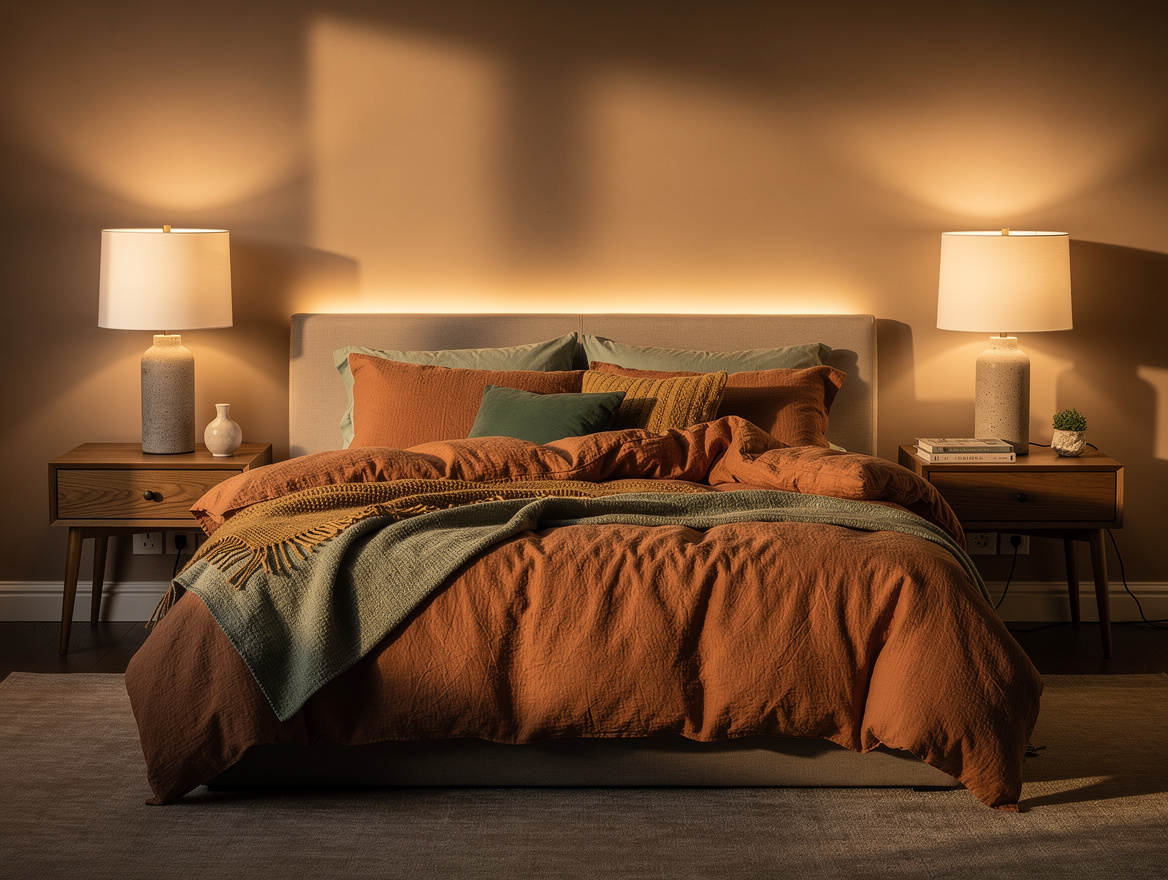 Realistic wide editorial bedroom photo showing layered warm lighting after sunse
