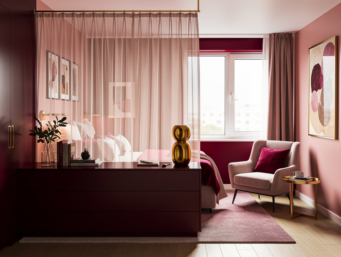 Realistic wide interior photo of a compact studio with a low dresser separating