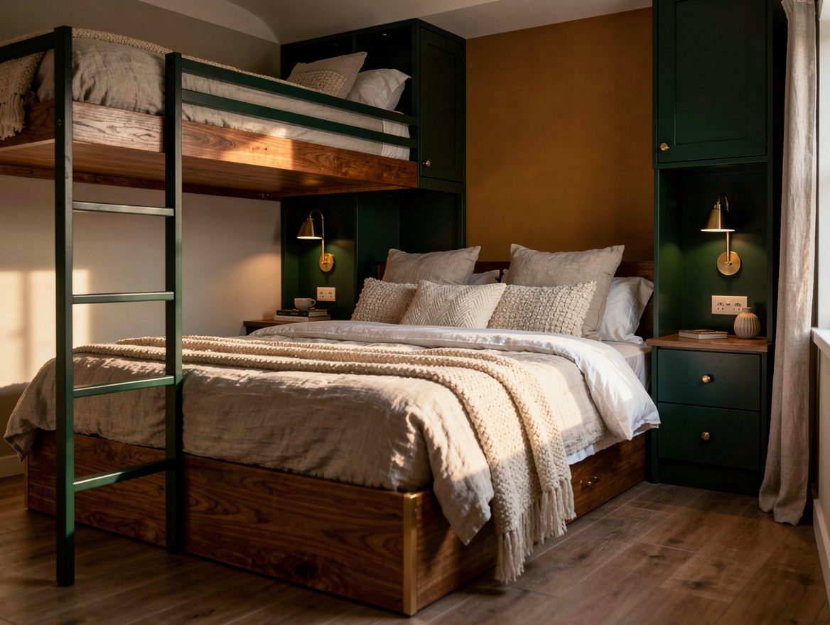 Realistic editorial atmospheric photo of a polished small guest bedroom with low