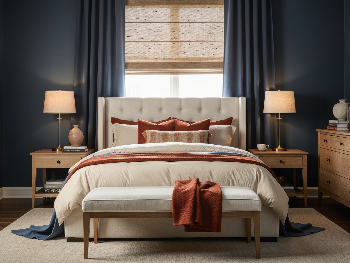 Realistic wide editorial bedroom interior showing a cream upholstered bed, recta