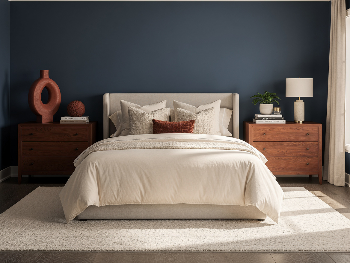 Realistic wide editorial interior photo of a queen guest bedroom with two dresse