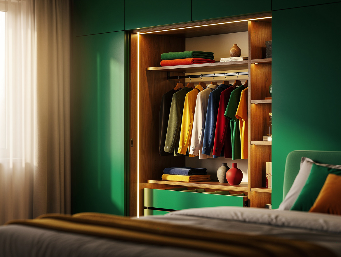 Realistic editorial bedroom scene showing a deep closet with subtle vertical LED