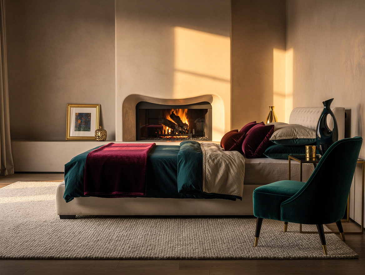 Wide ambiance photo of a serene bedroom suite centered on a sculptural fireplace