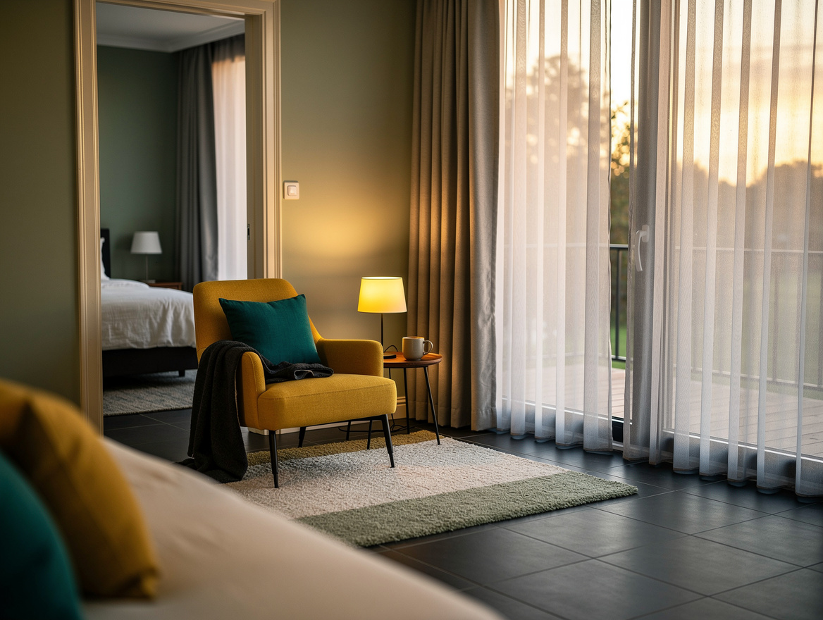 Realistic editorial wide interior photo of a bedroom-adjacent sunroom at early e