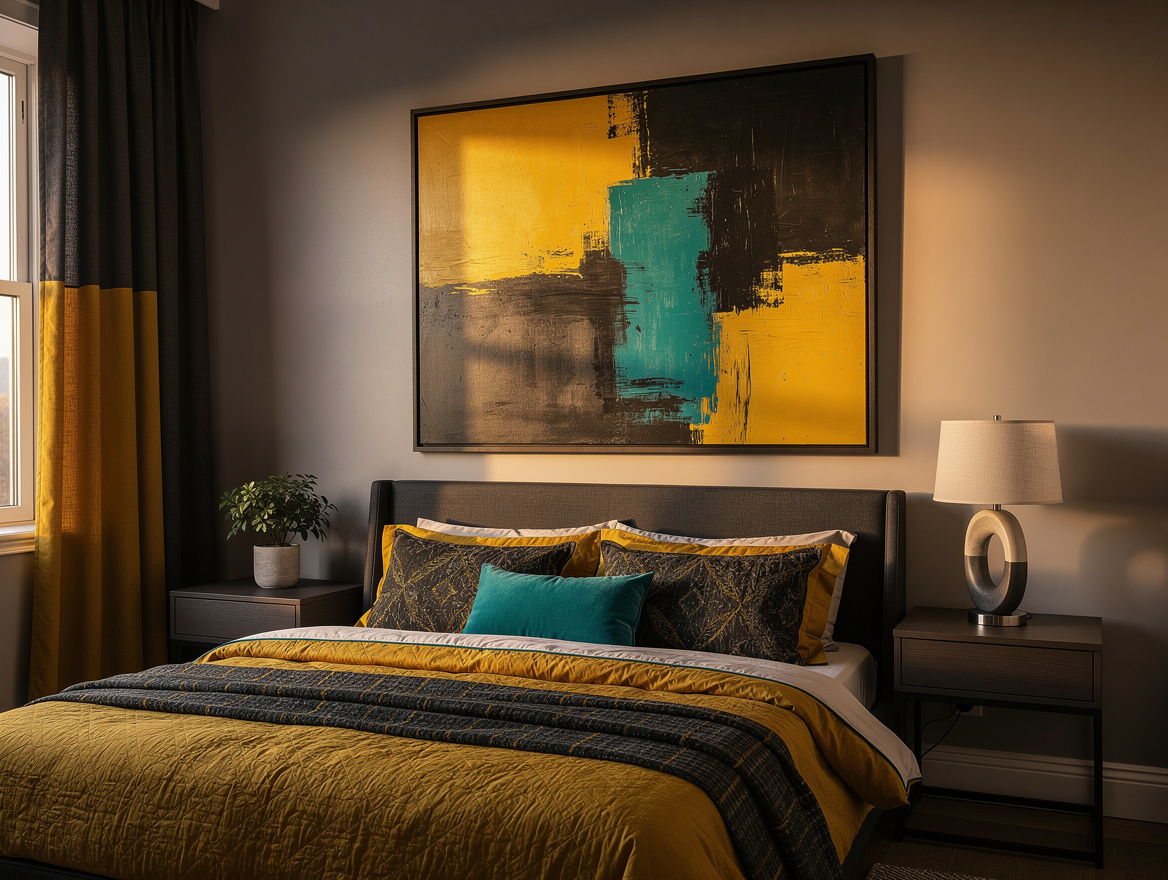 Realistic wide editorial bedroom scene showing artwork as the color anchor, coor