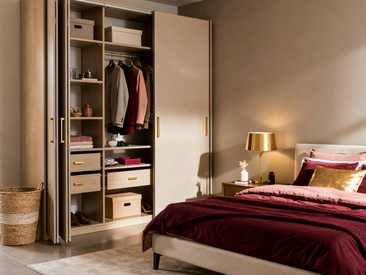 Realistic wide editorial home-decor photo of a compact bedroom with an organized