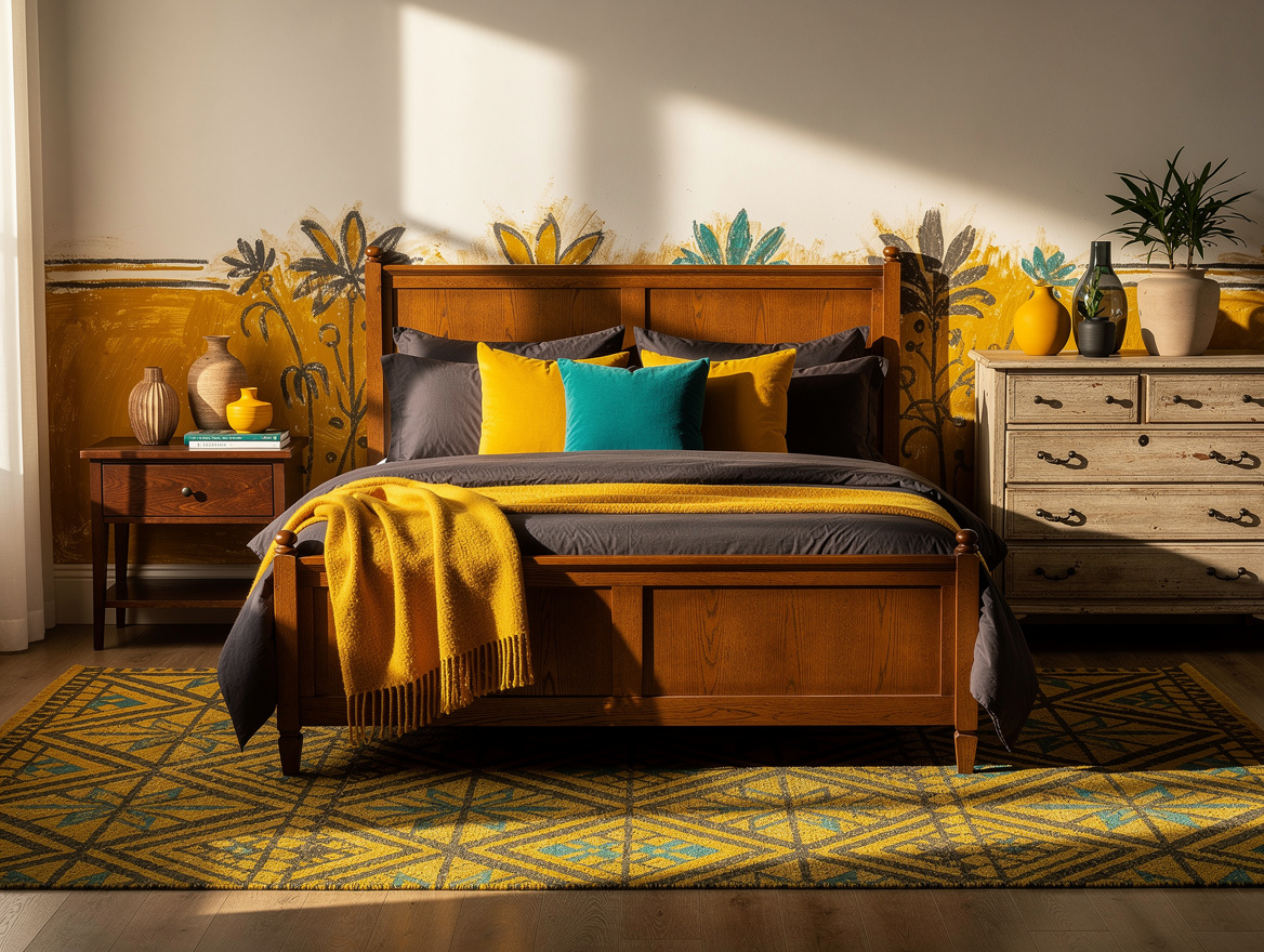 Realistic wide editorial bedroom scene showing hand-painted details, mismatched