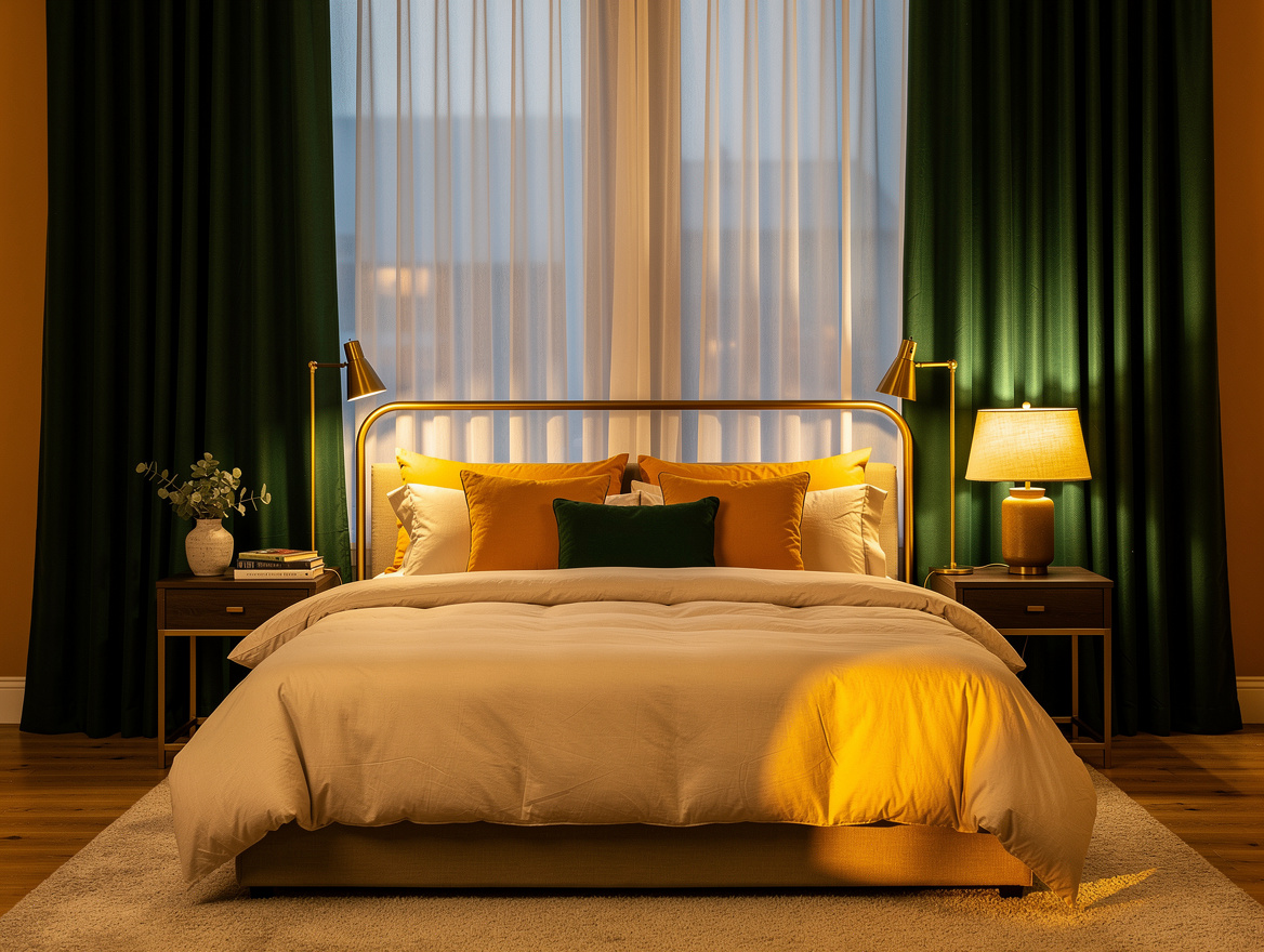 Wide atmospheric bedroom scene with layered sheer and blackout curtains, warm ne