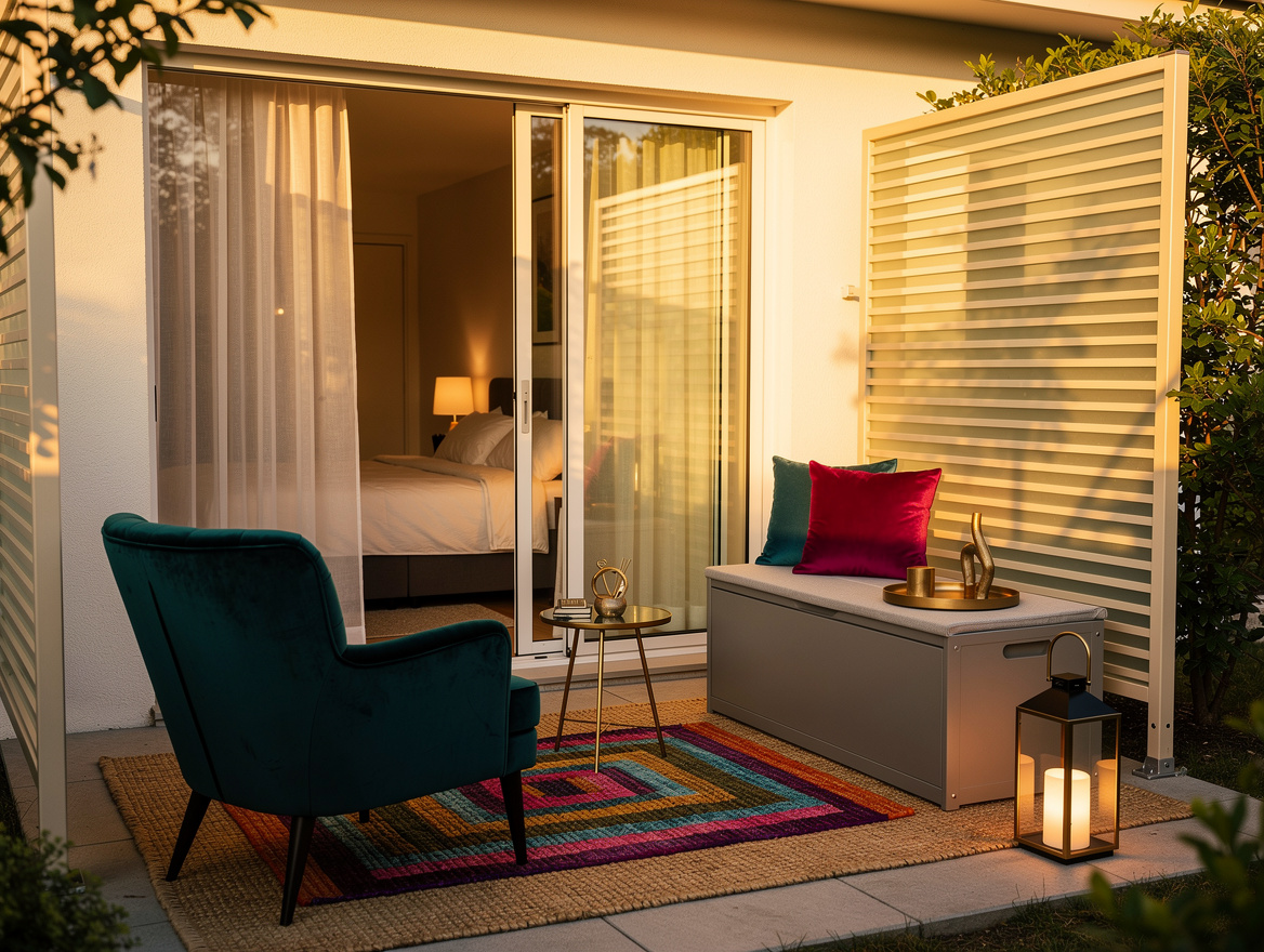 Realistic wide editorial photo of a small bedroom-adjacent patio used as a quiet