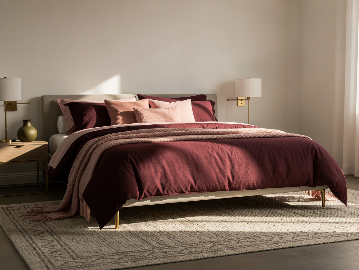 Realistic wide editorial bedroom photo showing a restrained monochromatic palett