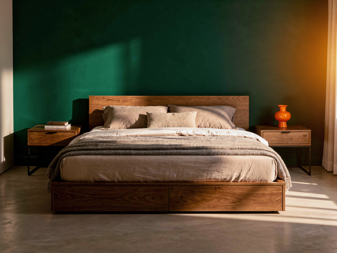 Realistic wide editorial bedroom photo showing a low-profile storage bed, open w