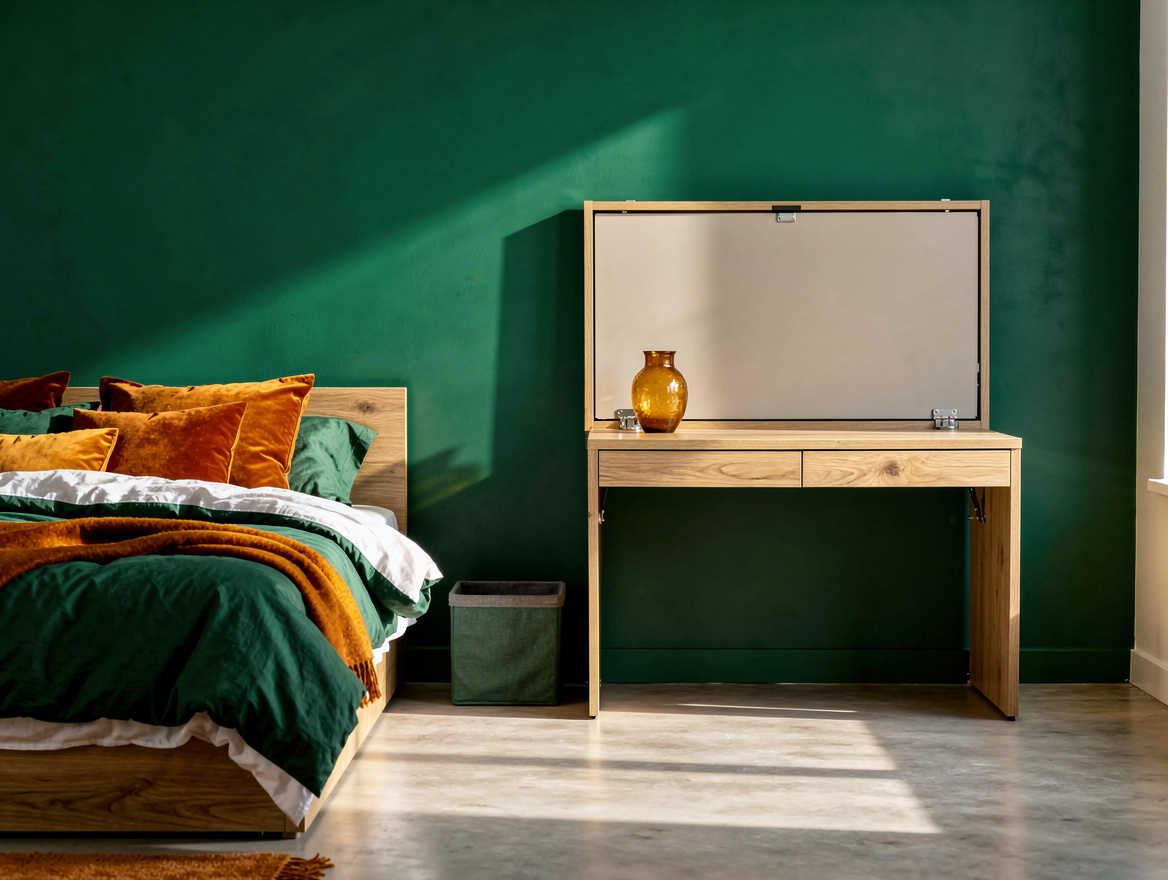 Realistic wide bedroom scene showing a fold-down desk closed against the wall, s