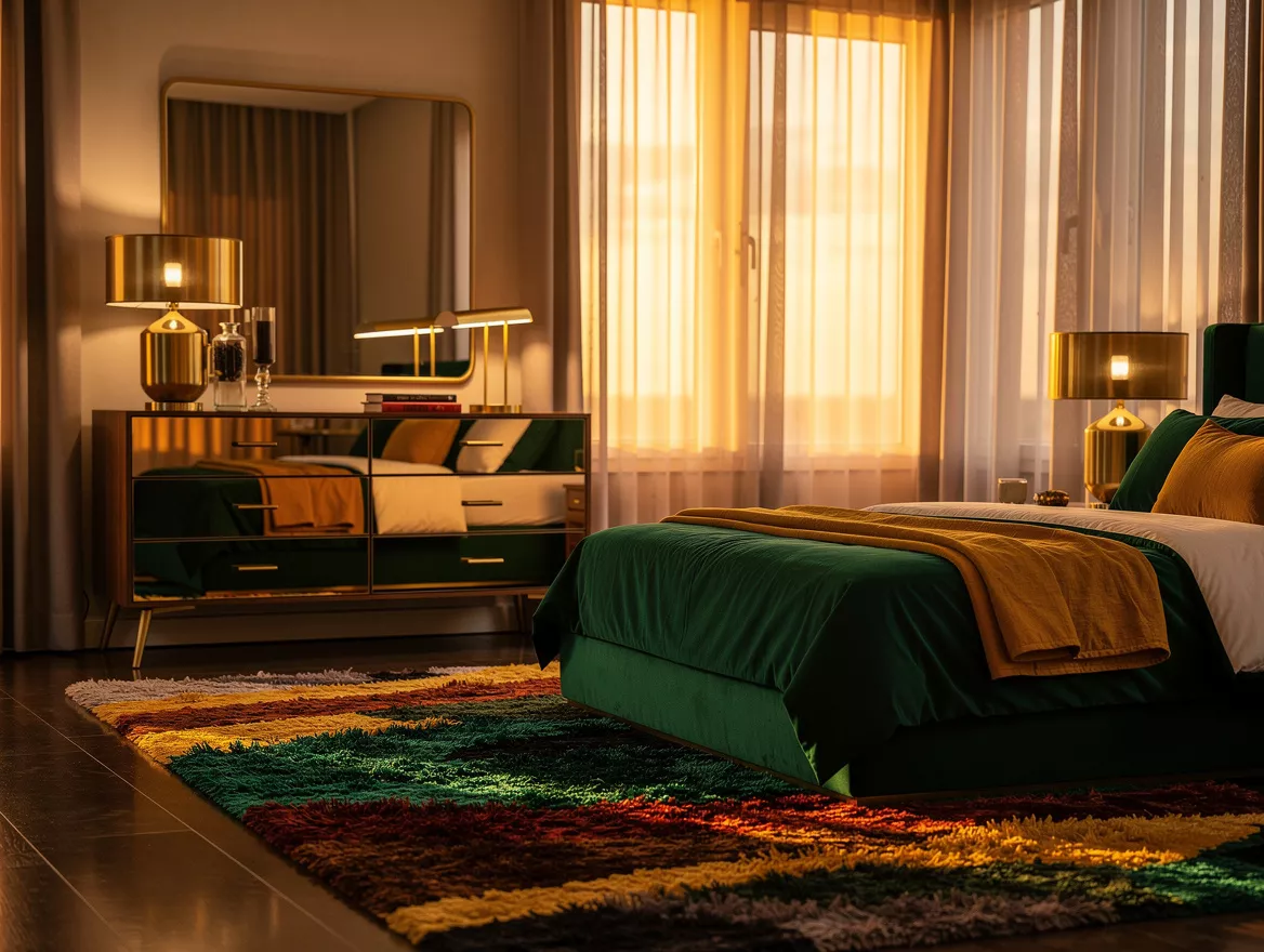 Realistic wide editorial bedroom scene with layered rug, brass details, reflecti